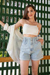 Bel Lastikli Denim Şort - BUZ MAVİ