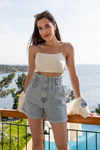 Bel Lastikli Denim Şort - BUZ MAVİ