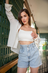 Bel Lastikli Denim Şort - BUZ MAVİ