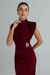 Broşlu Kalem Elbise - BORDO