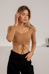 Büzgülü Crop Bluz - CAMEL