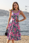 Çiçek Desenli Kloş Elbise - PEMBE