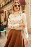 Çiçek Nakışlı Crop Triko - EKRU