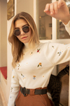 Çiçek Nakışlı Crop Triko - EKRU