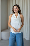 Degaje Yaka Saten Bluz - BEYAZ