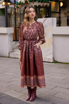 Desenli Kemerli Elbise - BORDO