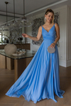 Drape Detaylı İp Askılı Abiye - BEBE MAVİSİ