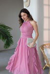 Drapeli Şifon Fırfırlı Elbise - PEMBE