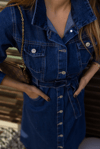 Düğme Kapamalı Denim Elbise - LACİVERT