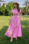 Düğmeli Keten Elbise - PEMBE