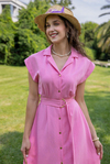 Düğmeli Keten Elbise - PEMBE
