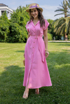 Düğmeli Keten Elbise - PEMBE
