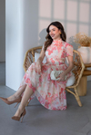 Floral Desen Eteği Katlı Elbise - BEJ