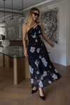 Floral Desenli Tek Omuz Elbise - SİYAH