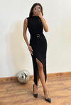 Gold Broşlu Sandy Elbise - SİYAH