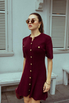 Gold Düğmeli Mini Triko Elbise - BORDO