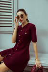 Gold Düğmeli Mini Triko Elbise - BORDO