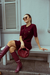 Gold Düğmeli Mini Triko Elbise - BORDO