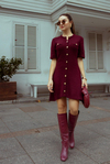 Gold Düğmeli Mini Triko Elbise - BORDO