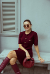 Gold Düğmeli Mini Triko Elbise - BORDO