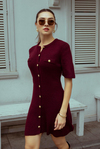 Gold Düğmeli Mini Triko Elbise - BORDO