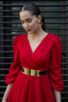 Gold Kemerli Midi Elbise - KIRMIZI