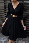 Gold Kemerli Midi Elbise - SİYAH