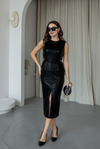 Gold Zincir Detaylı Peplum Deri Elbise - SİYAH