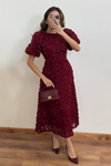Gül Tasarımlı Elbise - BORDO