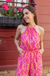 Halter Yaka Desenli Tulum - PEMBE