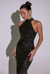 Halter Yaka Pullu Abiye - GOLD