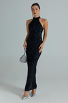 Halter Yaka Pullu Abiye - LACİVERT