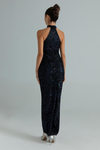 Halter Yaka Pullu Abiye - LACİVERT