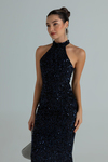 Halter Yaka Pullu Abiye - LACİVERT
