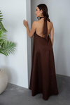 Halter Yaka Saten Elbise - KAHVERENGİ