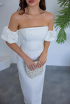 Pearl Embellished Pencil Dress - WHITE