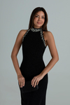 İncili Halter Yaka Elbise - SİYAH