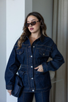 Kadife Yaka Bel Büzgü Denim Ceket - LACİVERT