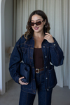 Kadife Yaka Bel Büzgü Denim Ceket - LACİVERT