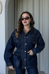 Kadife Yaka Bel Büzgü Denim Ceket - LACİVERT