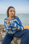 Kalın Çizgili Triko Kazak - MAVİ