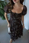 Kare Yaka Floral Desen Elbise - KAHVERENGİ