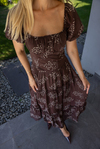Kare Yaka Floral Desen Elbise - KAHVERENGİ