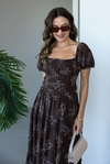 Kare Yaka Floral Desen Elbise - KAHVERENGİ