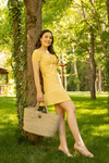Kareli Gofre Mini Elbise - SARI