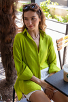 Keten Oversize Gömlek - YAĞ YEŞİLİ
