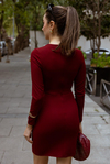 Kruvaze Yaka Mini Elbise - BORDO