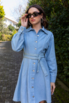 Kuşaklı Denim Elbise - MAVİ