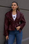 Kuşaklı Deri Ceket - BORDO