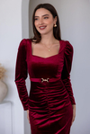 Kuşaklı Kadife Abiye - BORDO